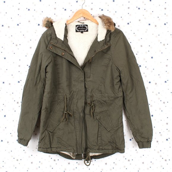 Olive Faux Fur Hooded Sherpa Lined Utility Jacket - Picture 2 of 16